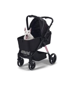 a small white dog sitting in a black stroller with wheels on the front and side