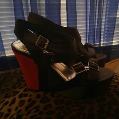 Cute Black Strap And Gun Metal Buckles With Red, Purple, Blue And Green Wedge. Never Worn. Bold Platform Wedge Sandals, Black Wedge Sandals With Buckle Closure For Party, Bold Synthetic Wedge Heels, Bold Black Synthetic Heels, Green Wedges, Red Open-toe Synthetic Wedge Sandals, Womens Shoes Wedges, Metal Buckles, Cute Black