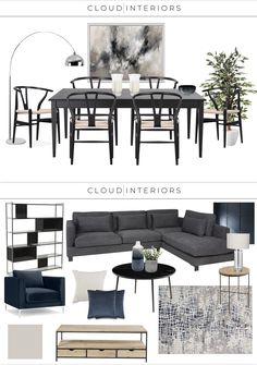 a living room and dining room mood board with text that reads cloudinteritors