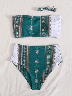 Green Boho   Polyester Geometric  Embellished High Stretch  Women Beachwear Looks Country, High Waisted Bathing Suits, Estilo Country