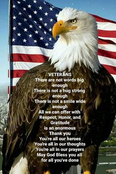 an eagle with the american flag in the background and poem written on it's side