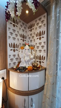 Temple Design (Prayer Area) Corner Pooja Unit In Living Room, Corner Mandir Design, Corner Temple Design For Home, Corner Temple, Pooja Room Design Ideas, Wall Mandir, Home Temple Ideas Puja Room, Mandir Unit, Ganesha Temple