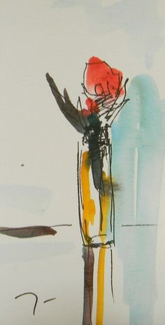 an abstract painting of a person holding a red rose