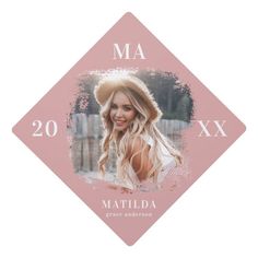 a pink diamond shaped photo frame with the name matilda on it and an image of a woman's face