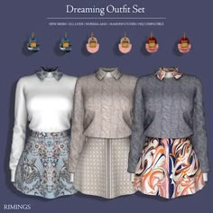 three different styles of dresses and blouses with bows on the neckline, in various colors