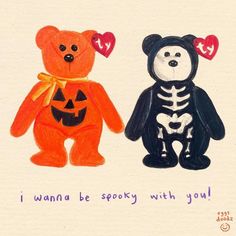 two teddy bears dressed in halloween costumes, one with a pumpkin and the other with a skeleton