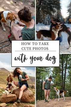 a collage of photos with dogs and people in the background, including one woman sitting on a rock