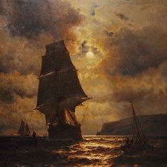 a painting of a ship in the ocean at night with clouds and sun behind it