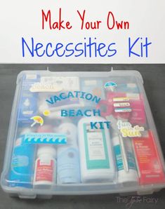 an open plastic container with various items in it and the words make your own necessities kit