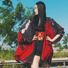 Red Kimono Cardigan | Eiyo Kimono Red Kimono Aesthetic, Short Kimono Outfit, Kimono Outfit Japanese, Red Kimono Outfit, Atla Oc, Butterfly Kimono, Outfits Dr, Story Concepts, Japanese Fashion Trends