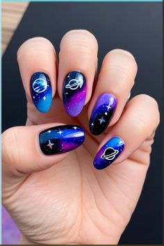 Want to make your nails look amazing? Check out these 50  nail art ideas that will make people notice you. Coldplay Nails Design, Space Nails Galaxy, Outer Space Nails, Christmas Nail Designs Easy, Aries Women, Halloween Nails Easy