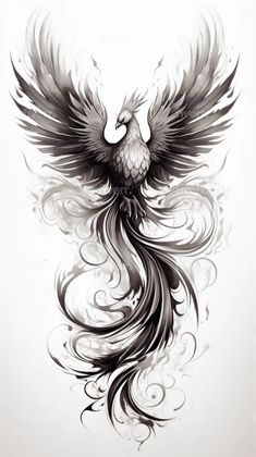 a black and white drawing of an eagle with swirls on it's wings