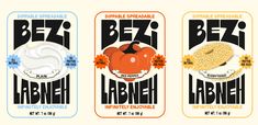 three different label designs for some kind of food