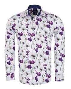 Purple Orchid Floral Print Shirt Contrasting Collar & Cuff  Single Cuff 80% Cotton 20% Polyester Two Button Adjustable Cuffs Purple Slim Fit Shirt For Spring, Purple Long Sleeve Printed Shirt, Purple Button-up Dress Shirt For Spring, Purple Long Sleeve Shirt With Button Cuffs, Purple Shirt With Button Cuffs Long Sleeve, Purple Shirt With Button Cuffs And Long Sleeves, White Floral Print Shirt For Formal Occasions, Purple Formal Shirt For Spring, Spring Purple Collared Dress Shirt