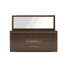 a brown dresser with a mirror on top and drawers below it, against a white background