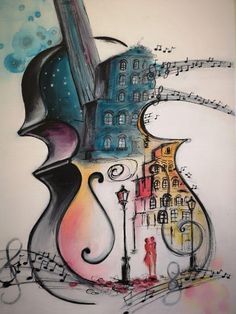 a drawing of a violin with music notes and buildings in the background, painted on white paper