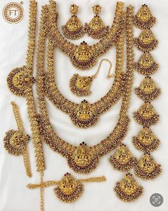 An Indian full bridal set with Luxmi design, matte finish premium quality set includes 1 long necklace, 1 short necklace and 1 medium necklace, 2 vangis, 1 hip belt , 9 hair clips, 1 pair of luxmi earrings with nethi chuddi. This stunning piece of art will give whole new look on your special day. Perfect Gift for your loved ones you can gift this beautiful Antique traditional  set for bride to be before the wedding women's love for jewelry is never ending. Luxury Wedding Temple Jewelry Sets, Temple Bridal Jewellery Set, Luxury Temple Jewelry Bridal Necklace For Marriage, Luxury Temple Necklace For Wedding And Festivals, Luxury Temple Jewelry Sets For Festive Season, Luxury 22k Gold Temple Bridal Necklace, Luxury Yellow Gold Temple Necklace With Intricate Design, Luxury Temple Jewelry Sets As Gifts, Luxury Temple Jewelry With Elegant Design