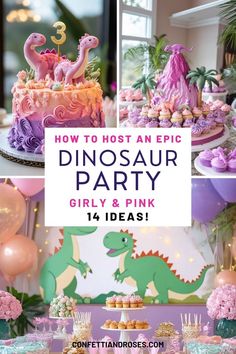 a dinosaur party with pink and purple decorations