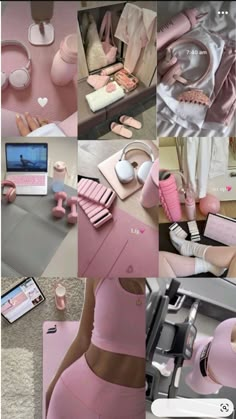 a collage of photos with pink and white accessories