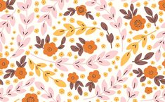 an orange and brown flower pattern on a white background with pink, yellow, and red flowers