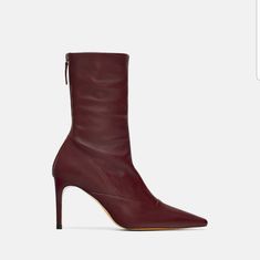 New With Tag Burgundy Leather Ankle Boots, Elastic Shaft Detail, Point Toe. Heel Height :3.3 Inch ( 8.5 Cm) Chic Mid-calf Boots With Padded Ankle, Burgundy Boots For Office Use In Fall, Burgundy Boots For Office Wear In Fall, Zara Heeled Boots With Almond Toe For Fall, Zara Almond Toe Heeled Boots For Fall, Zara Pointed Toe Heels For Fall, Zara Almond Toe Heels For Fall, Zara Heeled Boots For Office In Fall, Chic Zara High Ankle Heeled Boots