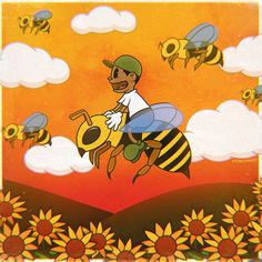 a man flying through the air on top of a yellow and black bee in front of sunflowers