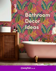 bathroom decor ideas with pink bathtub and floral wallpaper on the walls in front of a mirror