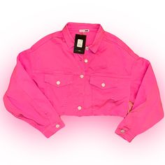 New Originally $54 Cropped Denim Jacket Size Small S Pink Trendy Cropped Jacket With Pockets For Streetwear, Pink Denim Jacket For Spring Streetwear, Trendy Cropped Jacket For Streetwear, Spring Streetwear Cropped Jacket With Button Closure, Trendy Button-up Cropped Jacket For Streetwear, Spring Pink Denim Jacket With Button Closure, Pink Denim Jacket For Spring With Button Closure, Pink Denim Jacket With Button Closure For Spring, Spring Button-up Utility Jacket For Streetwear