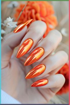 Looking to achieve the stunning look of white chrome nails all by yourself at home? Look no further! In this simple and natural-toned blog post, we will provide you with a step-by-step tutorial and inspiring ideas on how to achieve the perfect white chrome nails.By incorporating chrome powder into your gel manicure and sealing it...Read the Post September Nails Chrome, Orange Metallic Nails, Orange Chrome Nails Designs, Chrome Orange Nails, Fall Bling Nails, Orange Chrome Nails, Nails Metallic, Fall Leaves Nail Art, White Chrome Nails