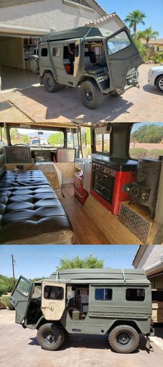 an army jeep is parked in front of a house and another vehicle has been converted into a camper