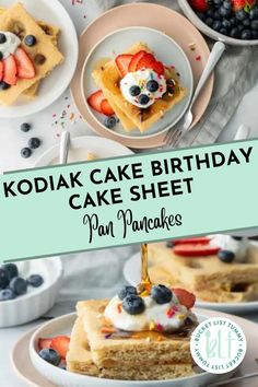 the cover of kodiak cake birthday cake sheet pan pancakes with blueberries and strawberries on top