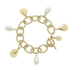 Handcast Gold Oyster Shells & Genuine Freshwater Pearl Charm Bracelet Triple plated 24K Gold Handmade in San Antonio, TX Pandora Bangle Bracelet, Susan Shaw, Pearl Oyster, Mixed Metal Bracelets, Pearl Charm Bracelet, Oyster Pearl, Oyster Shells, Shell Bracelet, Glass Bracelet