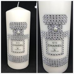 Diy Chanel Candle, Chanel Candles, Decorate Candles, Chanel Room, Candle Embellishments, Rose Gold Christmas Decorations, Candle Holder Crafts, Chanel Decor, Diy Bling