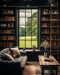 a living room with bookshelves, couch and coffee table in front of an open window