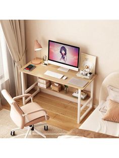 a desk with a computer on it and a chair in front of the desk,