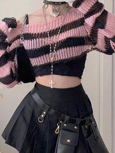 Contrast Color Stripe Ultra Short Long Sleeve Knit - AnotherChill Baddiecore Outfits, Pink Grunge Outfit, Pink And Black Outfit, Preppy Fabric, Pink Contrast, Bandeau Tops, Clothing Design Sketches, Short Design, Y2k Preppy