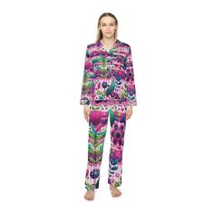 Indulge in ultimate comfort and luxury with our satin pajamas for women. Crafted from a divine blend of 95% polyester and 5% spandex, these pajamas feel irresistibly soft against your skin. The classic notch lapel and adjustable drawstring waist ensure a perfect, cozy fit, making them ideal for a restful night's sleep or a cozy day at home. Treat yourself or surprise a loved one with the gift of relaxation and style. Luxurious, Soft and Silky, Elegant, Comfortable, Notch Lapel, Drawstring Waist, Feminine, Chic, Gift Idea, Pajama Set, gift for her, bridal pajamas, bridesmaid gifts, anniversary gift, birthday gift, soft sleepwear, women's nightwear, elegant pajamas, cozy loungewear, sleepwear gift,women's pajamas, satin pajamas, personalized pajamas, luxurious sleepwear, comfortable loungewe Multicolor Printed Sleepwear For Pajama Party, Multicolor Long Sleeve Lounging Set, Multicolor Long Sleeve Loungewear Set, Multicolor Long Sleeve Lounge Sets, Multicolor Printed Sets For Bedtime, Printed Multicolor Bedtime Sets, Multicolor Printed Bedtime Sets, Relaxed Fit Multicolor Bedtime Sets, Multicolor Relaxed Fit Sets For Sleepover