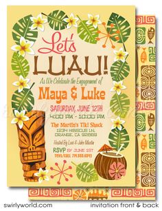 Retro 1960s mid-century modern Hawaiian tiki luau atomic engagement party invitations; digital invitation, thank you, & envelope design. Hawaiian Theme Party Invitations, Hawaiian Holiday Party, Hawaiian Theme Invitations, Luau Engagement Party, Cocktail Coconut, Vintage Beach Party, Wedding Shower Themes