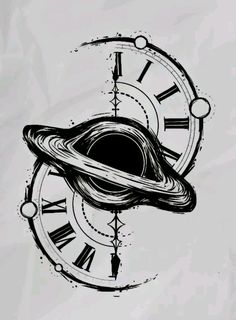 a drawing of a clock with saturn in the middle