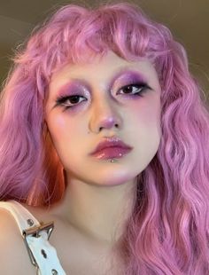 Pink Goth Makeup Ideas, Pink Makeup Looks Creative, Pink Demon Costume, Drag Makeup Purple, Pink Aesthetic Makeup Looks, Cute Colorful Makeup Looks, Purple Valentines Makeup, Pink Alternative Makeup, Alt Pink Makeup