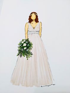 a drawing of a woman in a white dress holding a green wreath and wearing a tiara