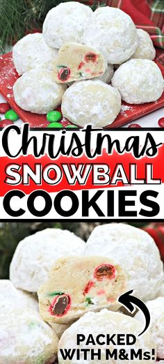 christmas snowball cookies with m & m's in the background and text overlay