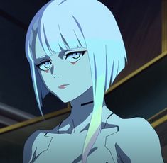 an anime character with white hair and blue eyes looks at the camera while staring into the distance