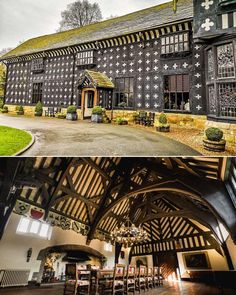 the inside and outside of an old building with wood trimmings on it's walls