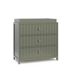 a green dresser with three drawers and two brass knobs on the front, against a white background