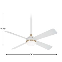 a ceiling fan with white blades and a light on the top, measurements for each blade