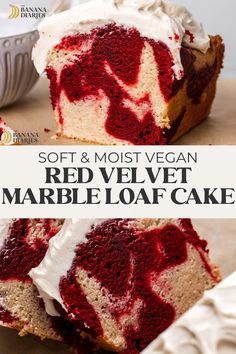 a red velvet marble loaf cake with white frosting on top and the words soft & moist vegan