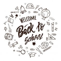 welcome back to school lettering in the middle of a circle with doodles and icons