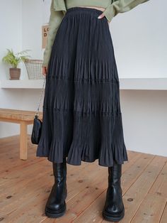 Ruffle Skirts For Women, Black Ruffled Dress Outfit, For Days Clothing, Asian Look Fashion, Fall Midi Skirts, Summer Fashion Skirts, Long Fall Skirts, Midsize Maxi Skirt, Long Skirt With Tights