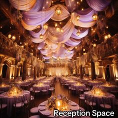 the reception space is decorated with purple and white draping, candles, and chandeliers